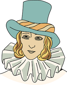 High headwear. Brim tucked up on one side and pulled down on the other with two-shade ribbon twist at bottom of crown