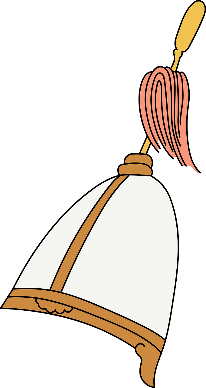 White Chinese headgear with ochre and silver band. Red feather