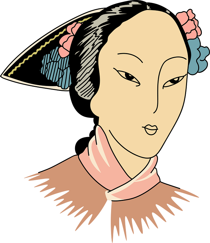 Chinese woman wearing state headdress with large black and gold side comb decorated with pink and blue flowers