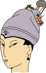 Chinese woman wearing mauve and black Chinese headgear with flowered band and red trimmings