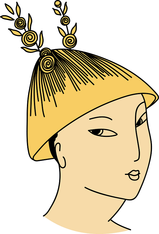 Chinese woman wearing bright yellow hat with vermilion fringe and gold-yellow leaves