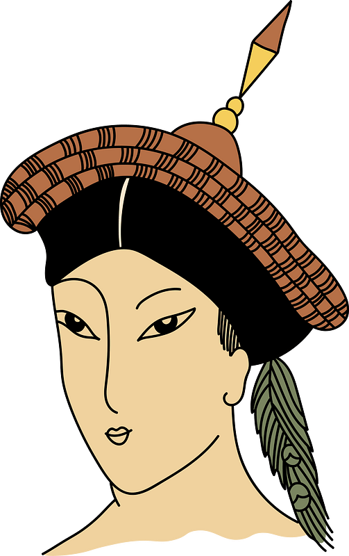Chinese woman wearing black hat with vermilion crown and green peacock feather