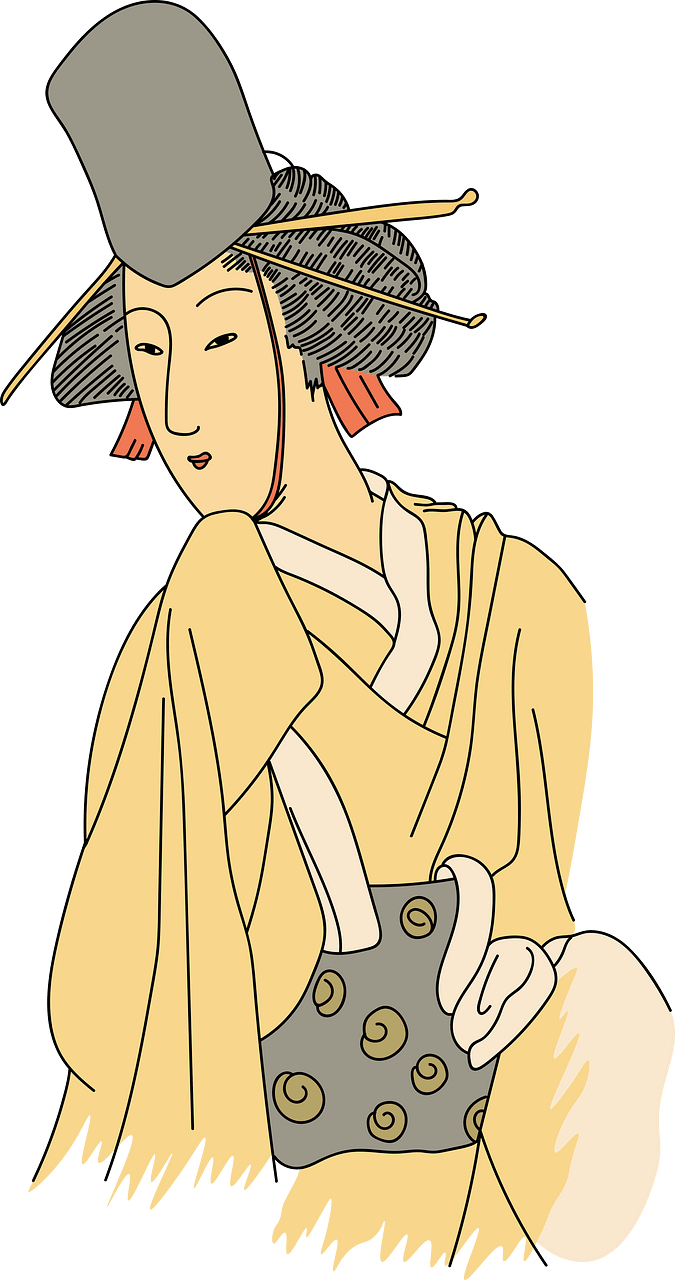 Japanese woman with black cap fixed on the head by means of four long pins and a red chin-strap