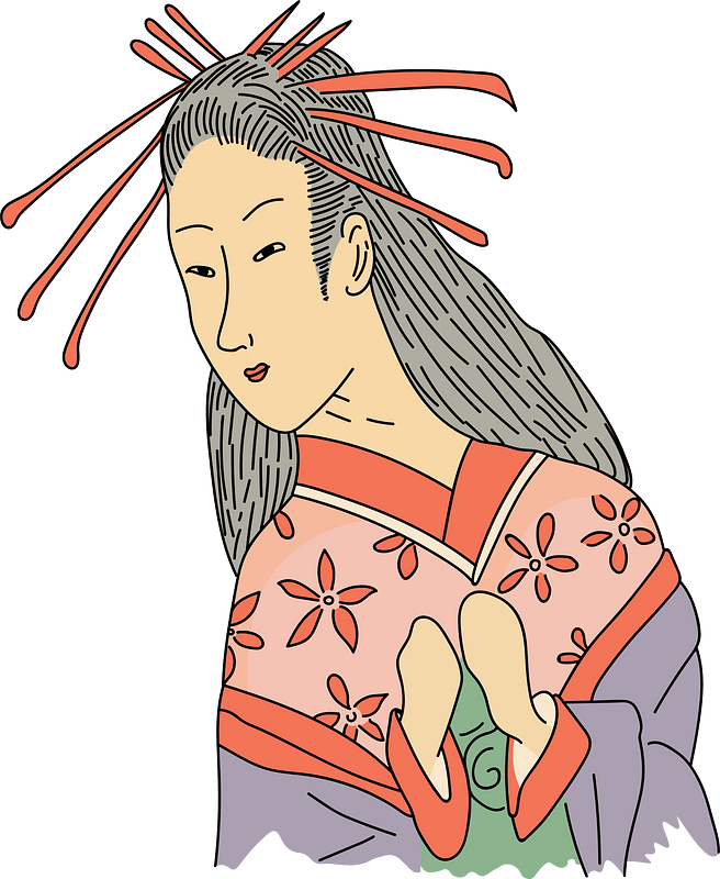Japanese maiden with very thick and very long hair. It forms a knot on the forehead fixed with six long pins and falls back on the shoulders