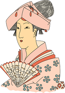 Graceful cap for a young Japanese woman. It is a sort of turban covering the forehead down to the eyes and leaving the top of the head uncovered. This roof-shaped ornaments