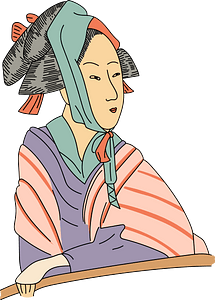 Japanese woman with a large band of red material lined with blue and folded under the chin. Long pins in the knot of hair