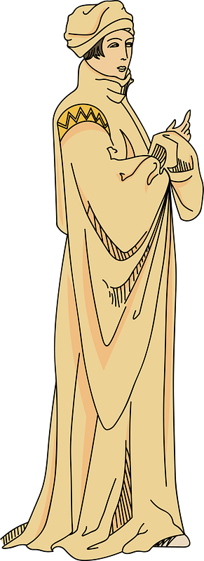 Very pale shiny yellow mantle with full sleeves and tight at wrist. Top of sleeves trimmed with gold and black braid