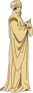 Very pale shiny yellow mantle with full sleeves and tight at wrist. Top of sleeves trimmed with gold and black braid