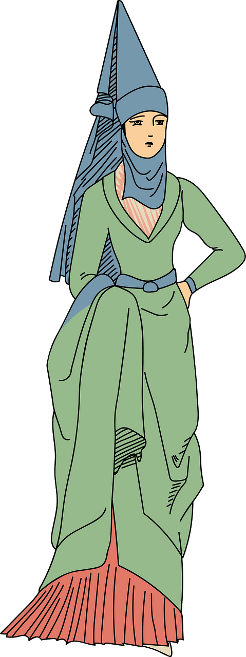 York and Lancaster period. Blue headdress with green dress on red pleats