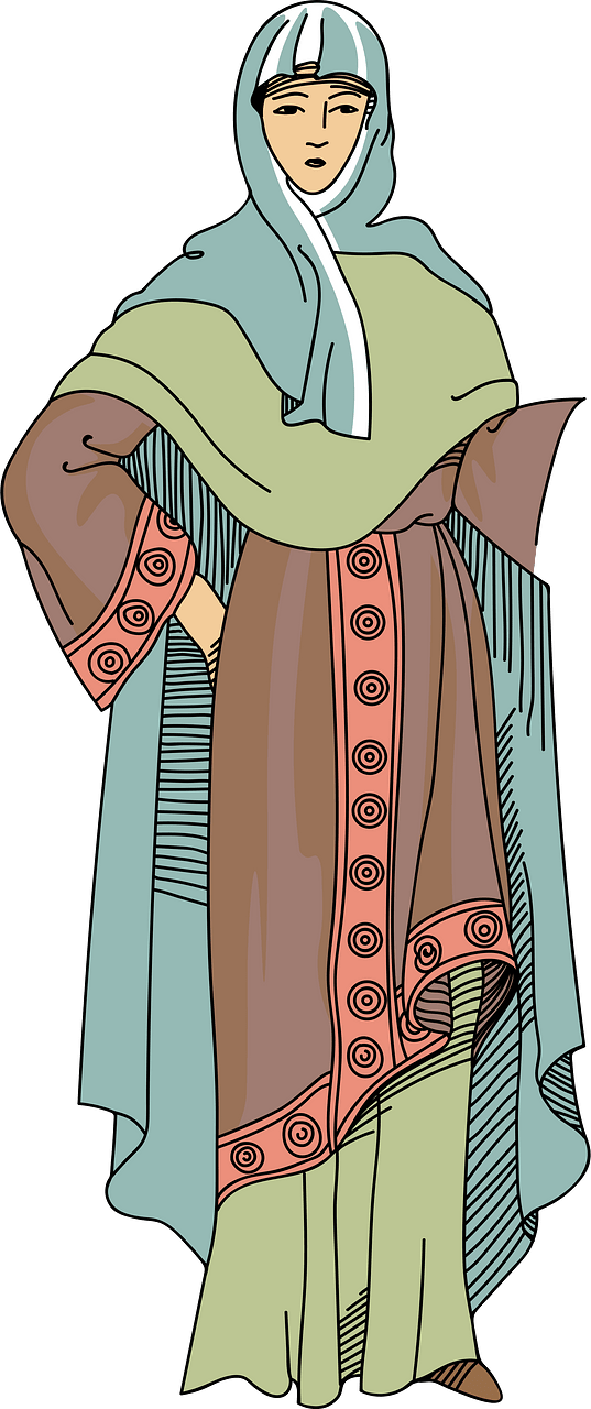 Long cobalt blue mantle covering the head. Vermilion red tunic trimmed gold braid. Almond green skirt. Collar falling low on the bodice