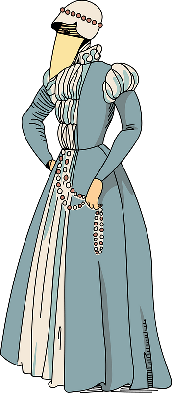 Tudor period. Blue dress opening on white pleats