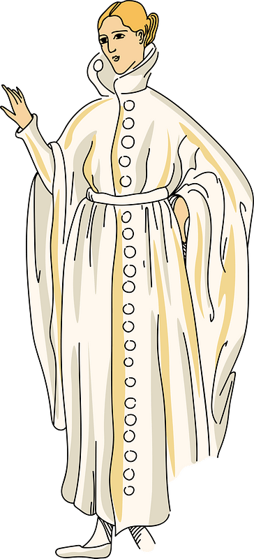 Mantle buttoned whole length of white front. Full sleeves over tight-fitting sleeves