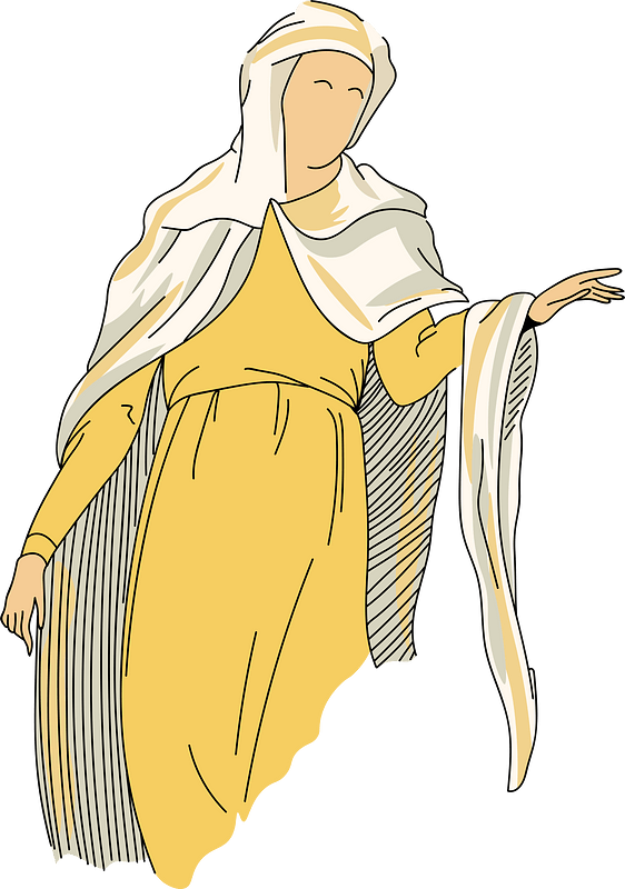Wide mantle forming white capulet with long dark cadmium colour tunic
