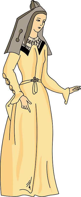 Fashionable XVth cent. dress. Tight fitting light pink bodice with flat white collar and gold bead necklace