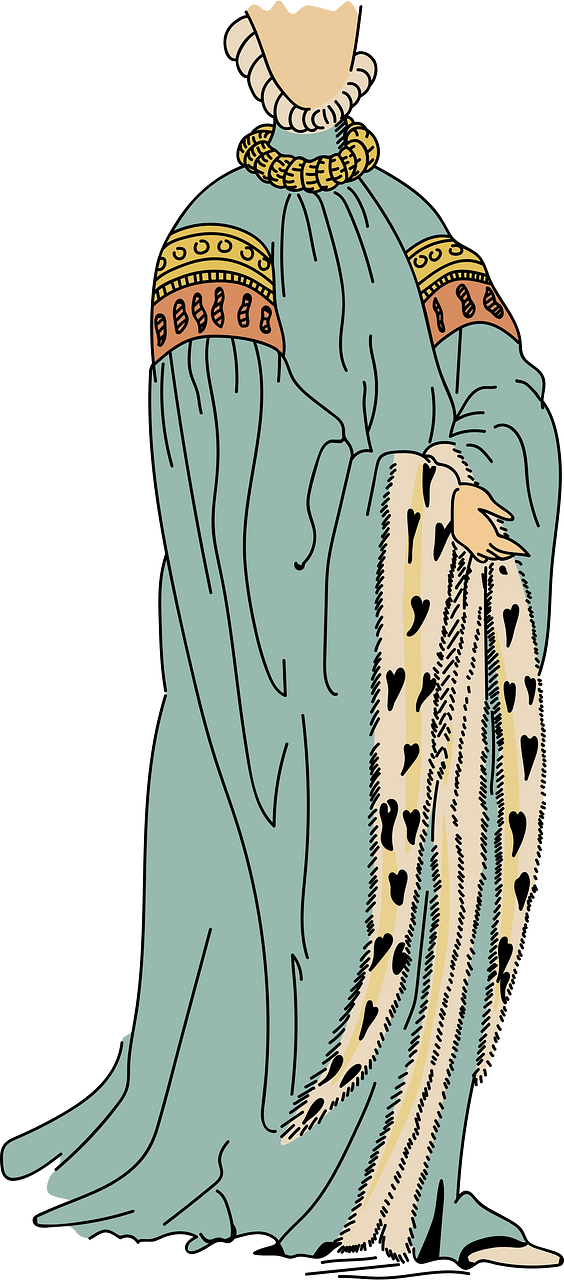 Noblewoman. Blue mantle with high sleeves embroidered on yellow ground. Gold neck. Edge of high collar