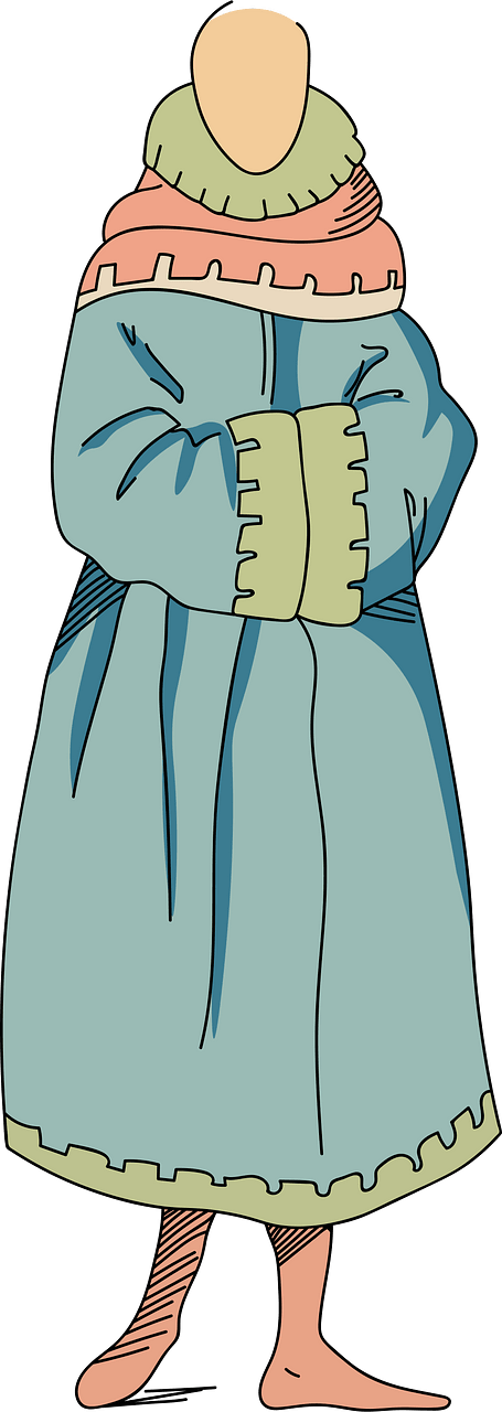 Blue mantle. Sleeves with bottom and collar bordered with blue cloth. Collar falls on shoulders