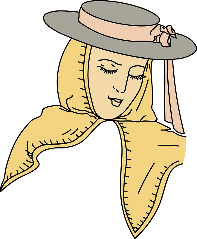 Villager's headdress in the Salamanca District. Yellow neckerchief tied under the chin. Black felt hat. Rosy madder ribbon