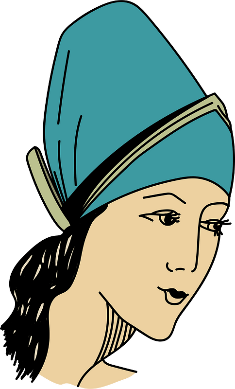 Headdress of an Andalusian woman. Blue cap tucked up in front and forming a point