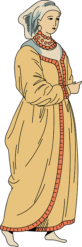 Woman wearing Spanish traditional draped dress with unbleached wool colour