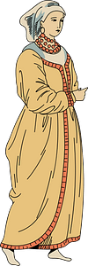 Woman wearing Spanish traditional draped dress with unbleached wool colour