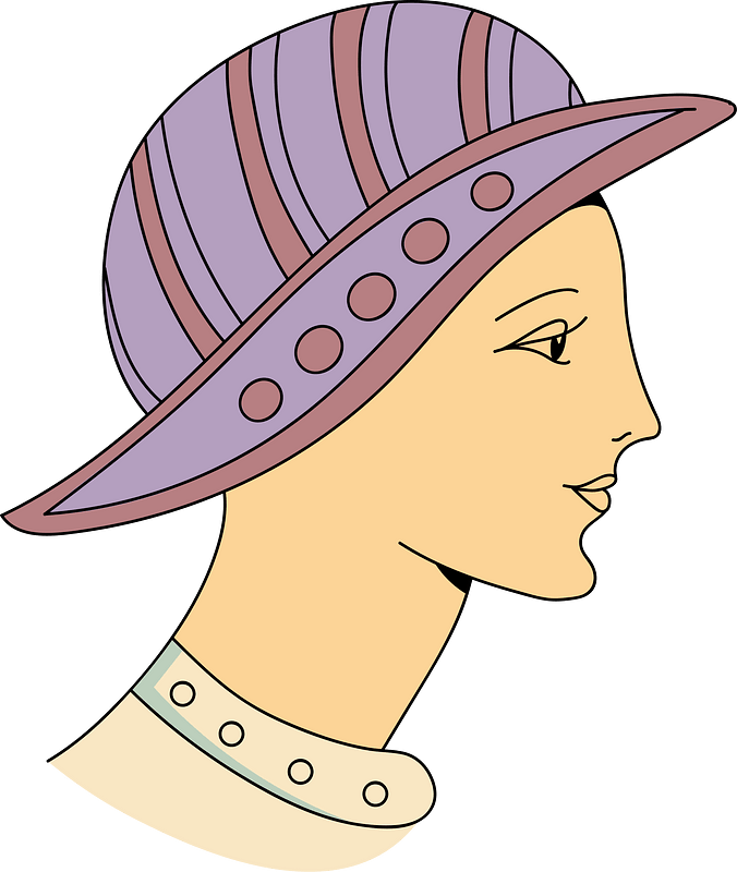 Headdress under Childebert I. This hat original in its form is none the less amusing with its mauve colour and its red stripes and beading