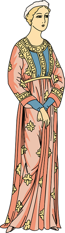 Gallic lady wearing long red robe embroidered with gold flowers