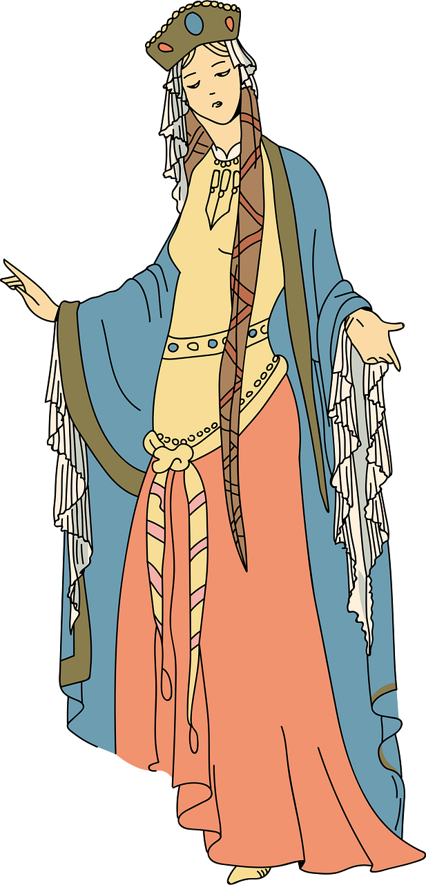 Reign of Clovis. Clotilde in ceremonial dress. Headdress veil falling from the headdress