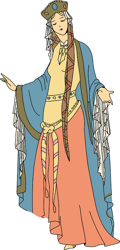 Reign of Clovis. Clotilde in ceremonial dress. Headdress veil falling from the headdress