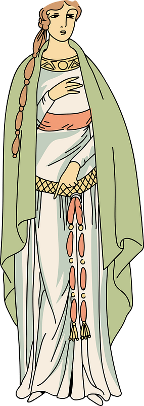 Gallic lady dressed in a robe which is tight to the body and full at the hem with two belts one knotted at the breast and the other lower down and loose fitting