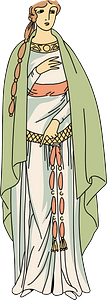 Gallic lady dressed in a robe which is tight to the body and full at the hem with two belts one knotted at the breast and the other lower down and loose fitting