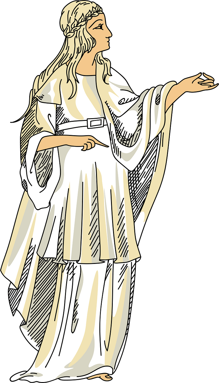 Costume of Druidess consisting of a draped shapeless cloak worn over a tunic held at the waist by a belt