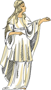 Costume of Druidess consisting of a draped shapeless cloak worn over a tunic held at the waist by a belt