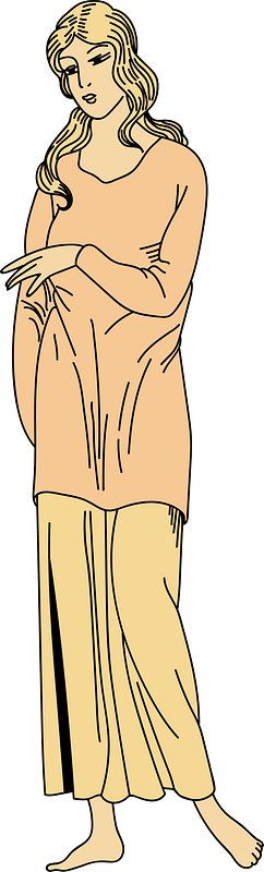 Costume of a Gallic lady after an ancient bas-relief. Loose orange-coloured coat over a yellow skirt