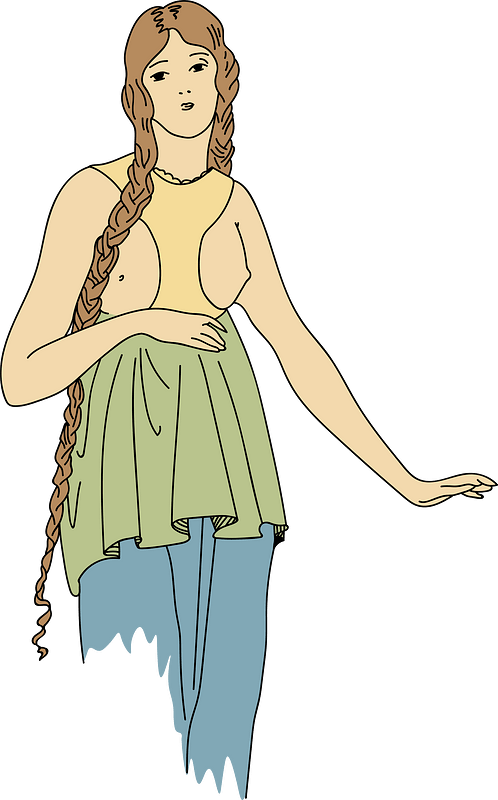 Costume of a Gallic lady with a kind of collar descending to the waist. Long wide blue skirt