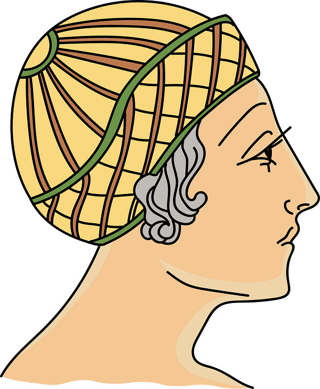 Greek woman's coiffure with ball-crown and tucked brim embroidered and edged. Coloured embroidery-stitches