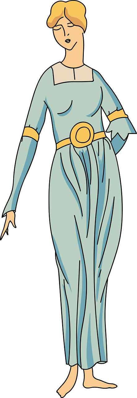 Gallo-Roman lady. Bright blue loose robe. Gold trimming. Cerise and gold belt. Inset of robe green