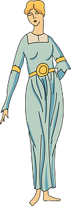 Gallo-Roman lady. Bright blue loose robe. Gold trimming. Cerise and gold belt. Inset of robe green