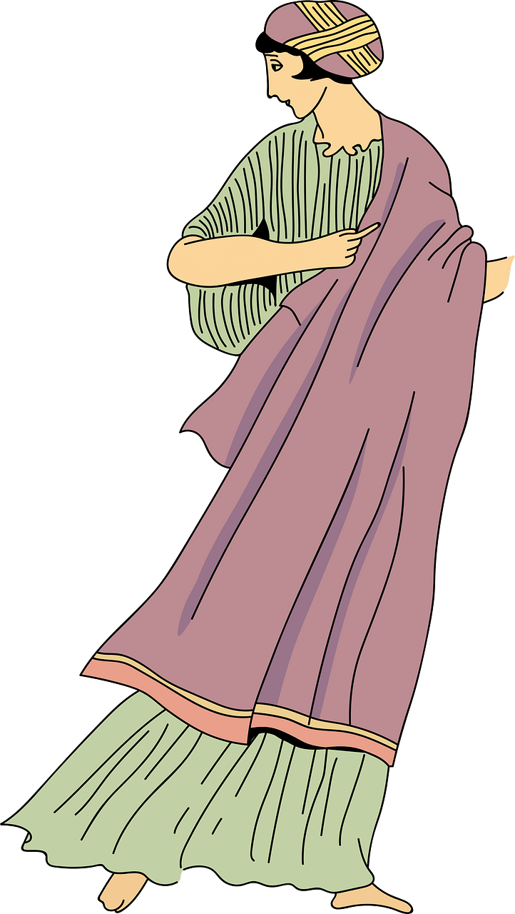 Woman wearing cape-cloak with pleated gown-sleeves