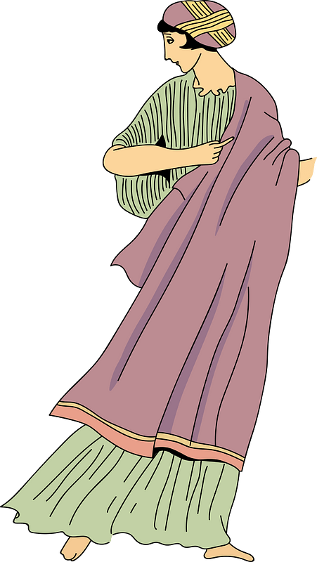 Woman wearing cape-cloak with pleated gown-sleeves