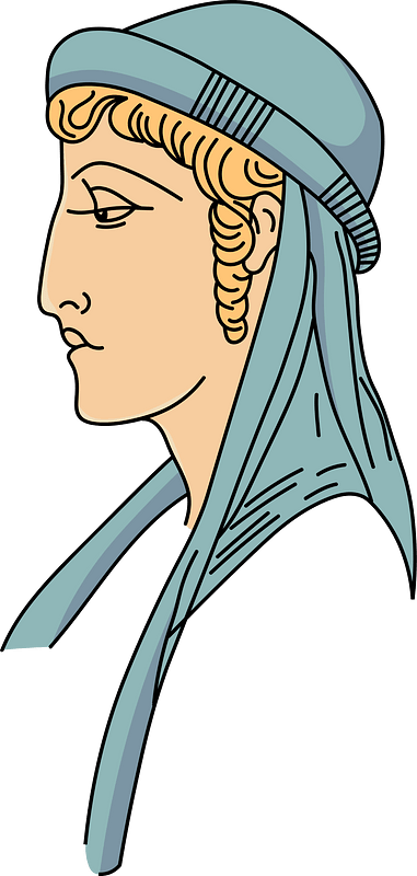 Greek small coiffure with narrow scrolled brim and two ribbons hanging together on each shoulder