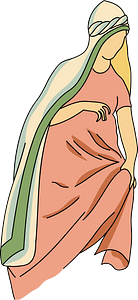 Etruscan headdress consisting of a broad white veil lined with yellow and trimmed with a green band. The dress is cerise