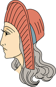 Greek hat wholly covering head. Large brim tucked up in front. Free sides descending towards shoulders