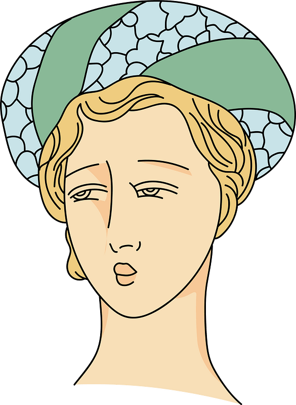 Greek coiffure figuring a cushion partly of plain ribbon and beaded stuff. Worn high over the forehead