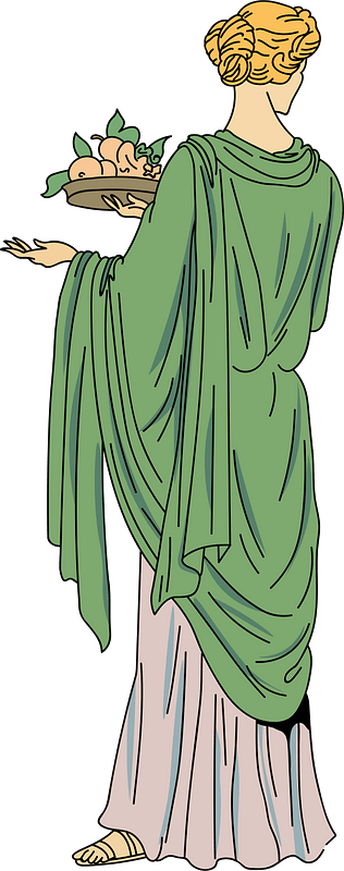Great piece of green stuff draped on shoulder over gown with wide mauve folds