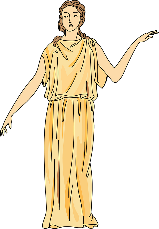 Yellow flaxen tunic draped and fixed on shoulder with strip and gold button