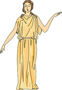 Yellow flaxen tunic draped and fixed on shoulder with strip and gold button
