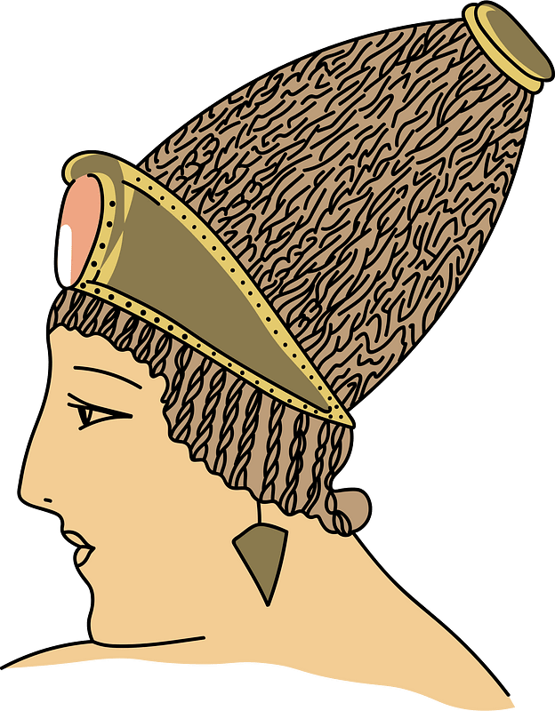Entirely plaited roman headdress. A diadem of chiselled gold finished with a precious stone geves a generally enriching effect. A gold band rounds this sugar-loaf headdress