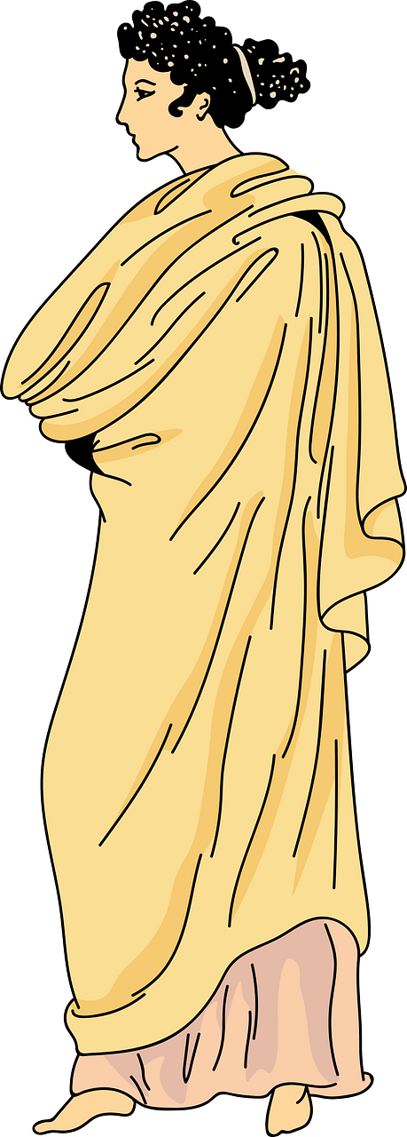 Draped cloak thrown back over the shoulder