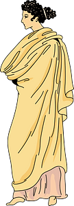 Draped cloak thrown back over the shoulder