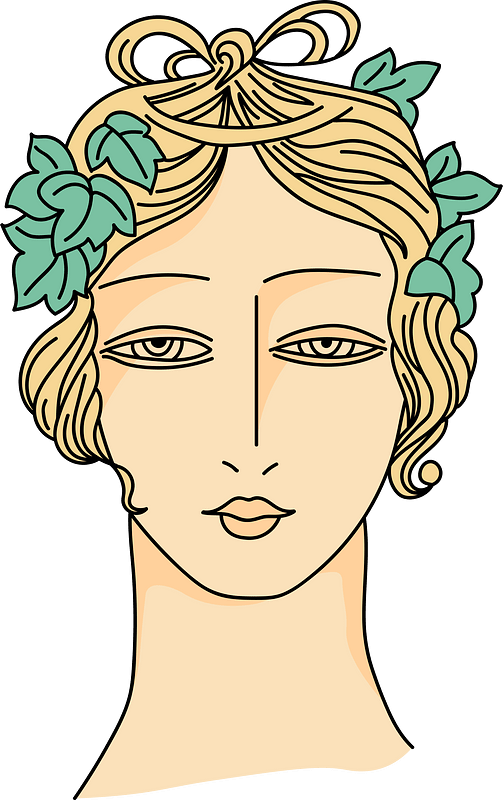 Bacchante's greek coiffure with small tresses tied up on top of head. Golden-yellow circle or bandlet on hair holds ivy-leaver descending on each side